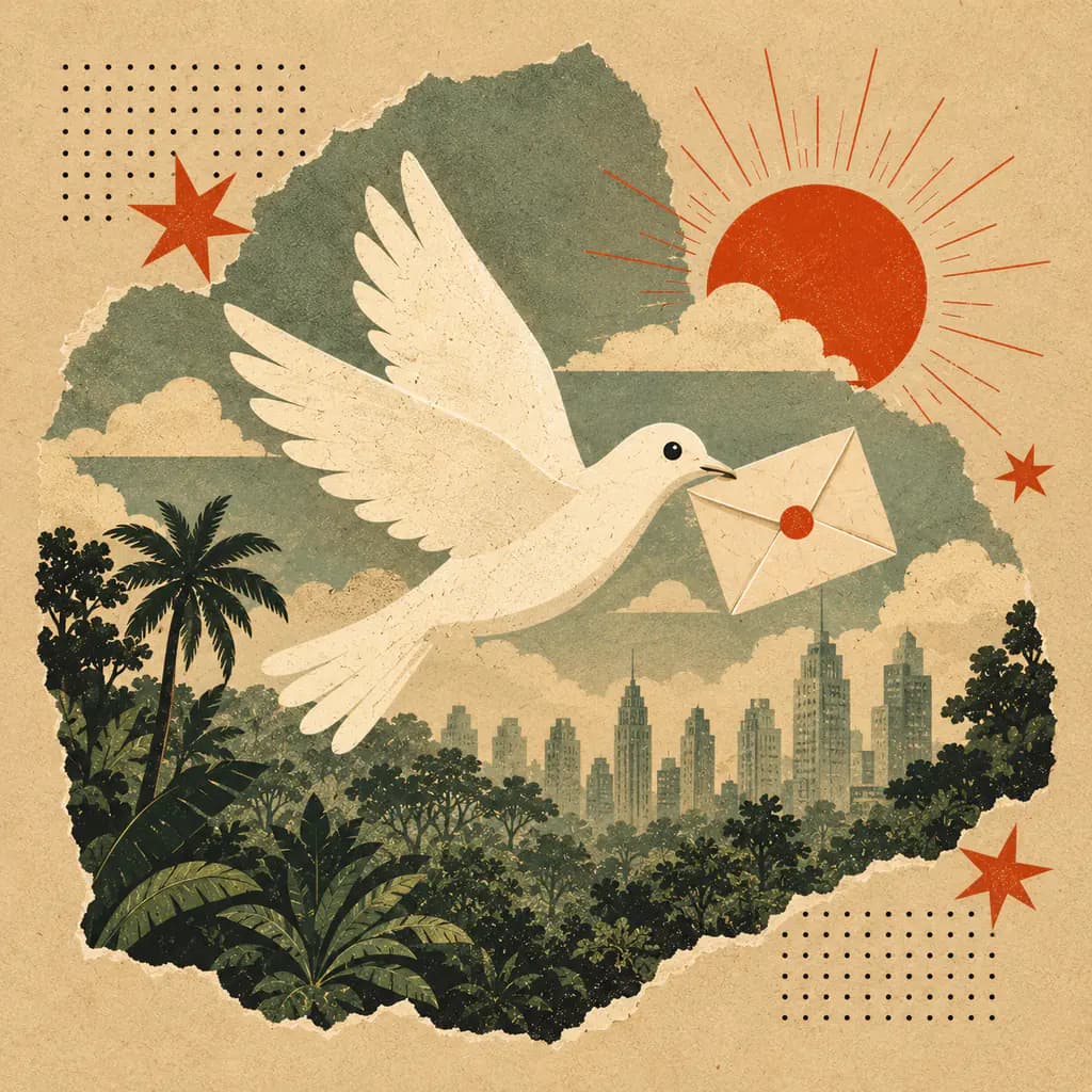 Illustrated dove carrying a sealed letter over a city skyline and tropical trees.