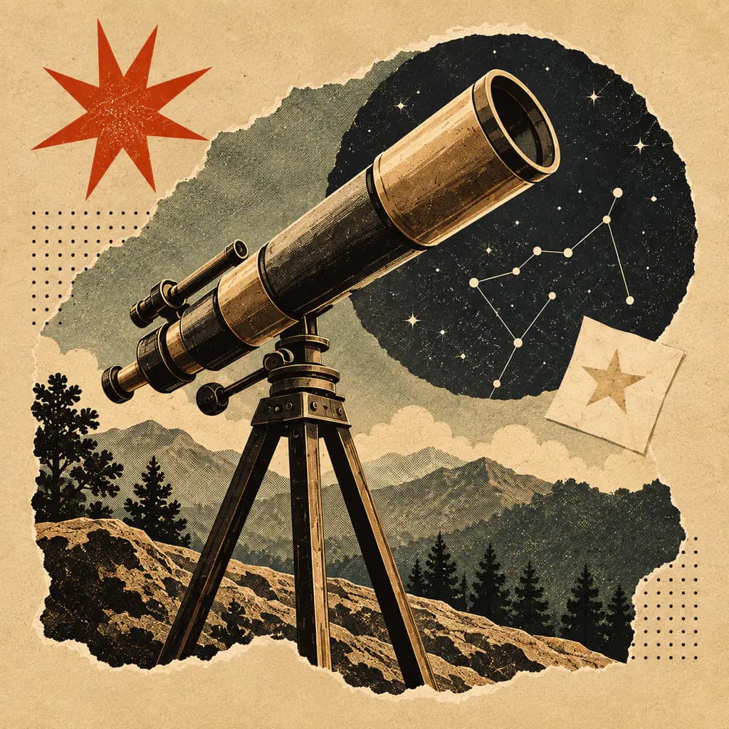 Illustrated brass telescope on a tripod aimed at a star constellation.