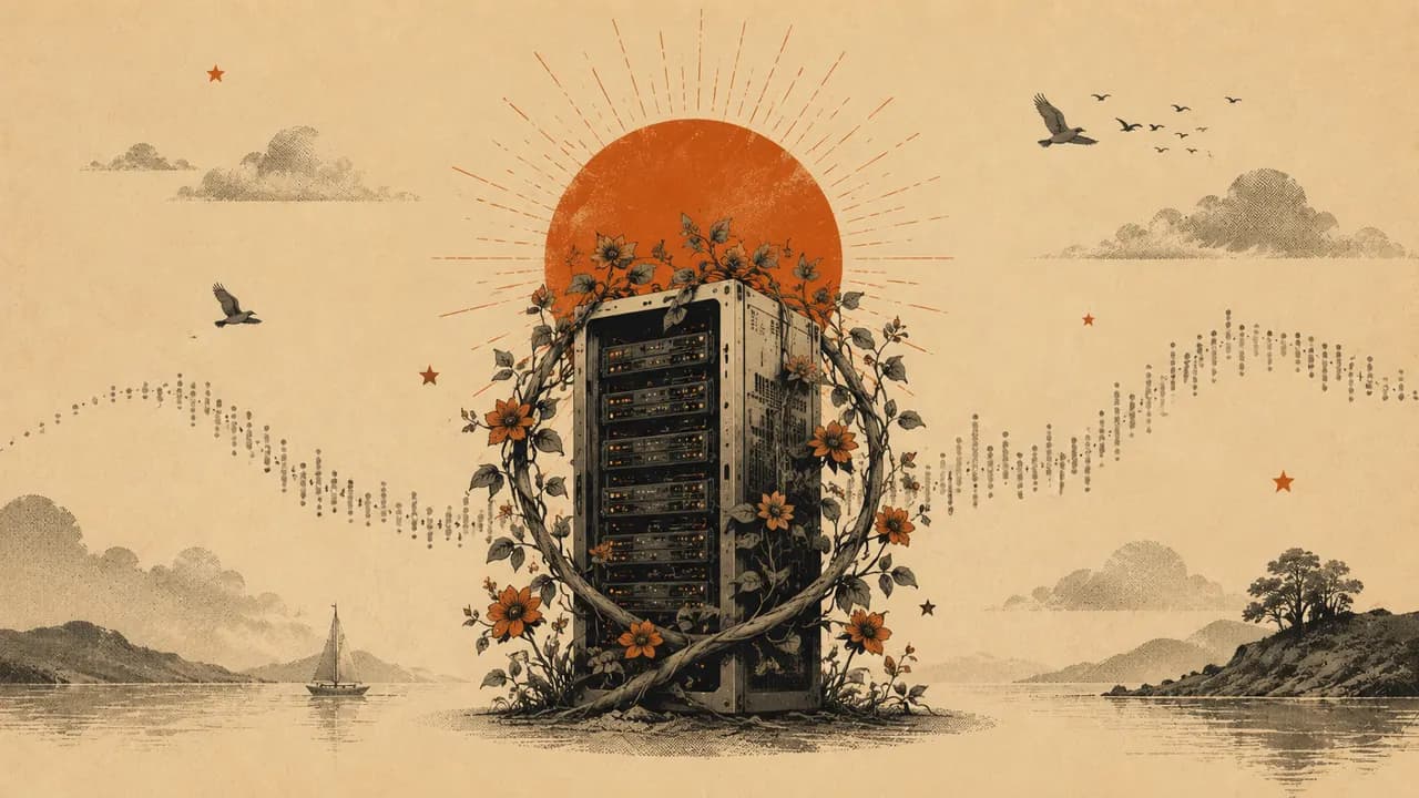 Illustration of a server rack wrapped in vines beside the OPS Pilot story.