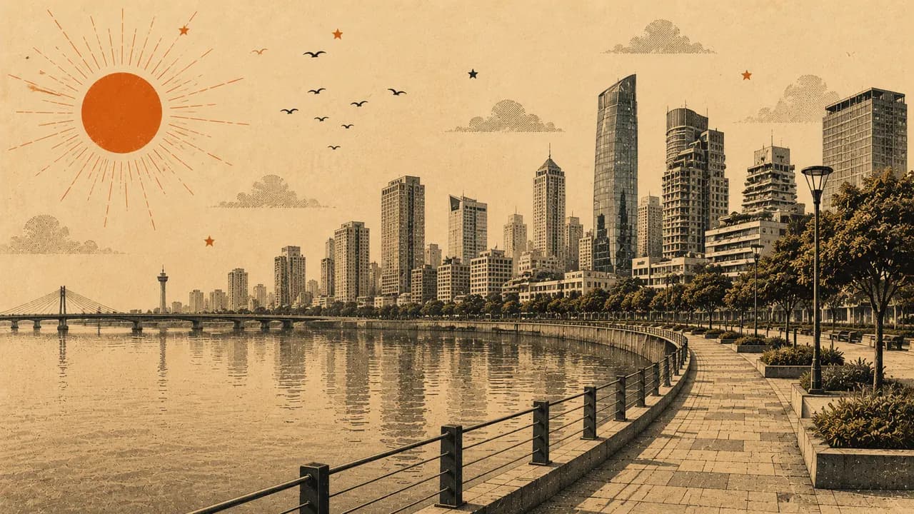 Illustration of a riverfront city promenade beside the EventHub story.
